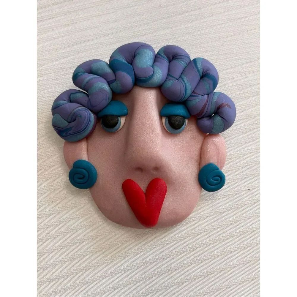 Abstract Face Brooch Polymer Clay Purple Blue Hair Heart Lips Art Pin Handmade